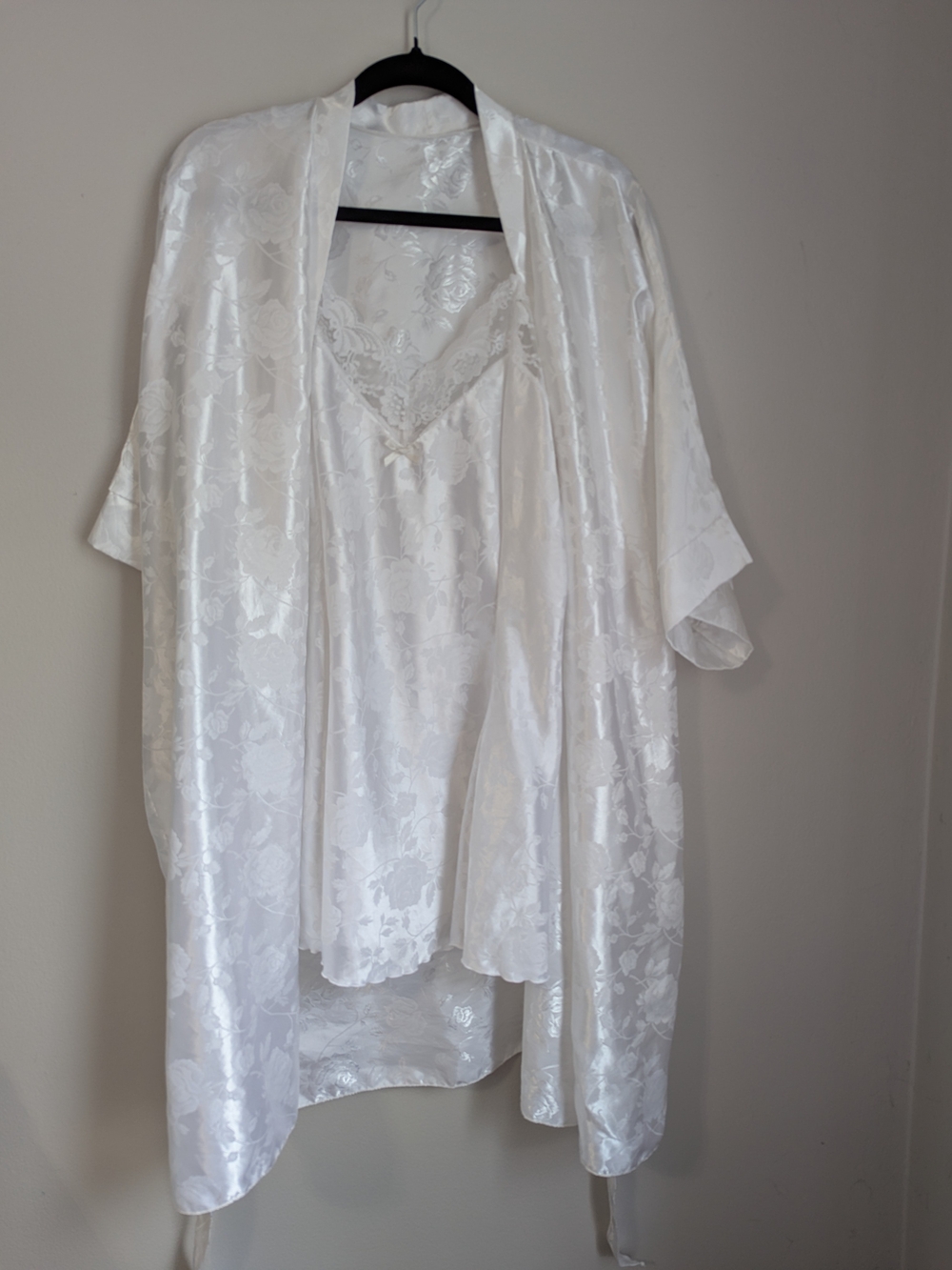 White Satin Floral Robe and Chemise Set - Elegant Women’s Intimates